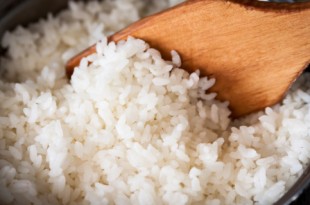 White rice in a metal pan.