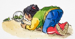 Girl in colourful outfit and red boots bending down on all fours and looking at green Cricket through magnifying glass, side view, Cartoon