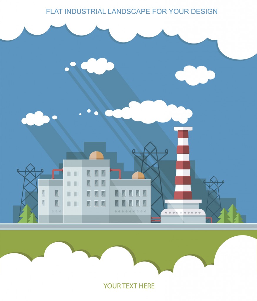 Industrial landscape set. The nuclear power plant and factory on the background of the city.Vector flat illustration.